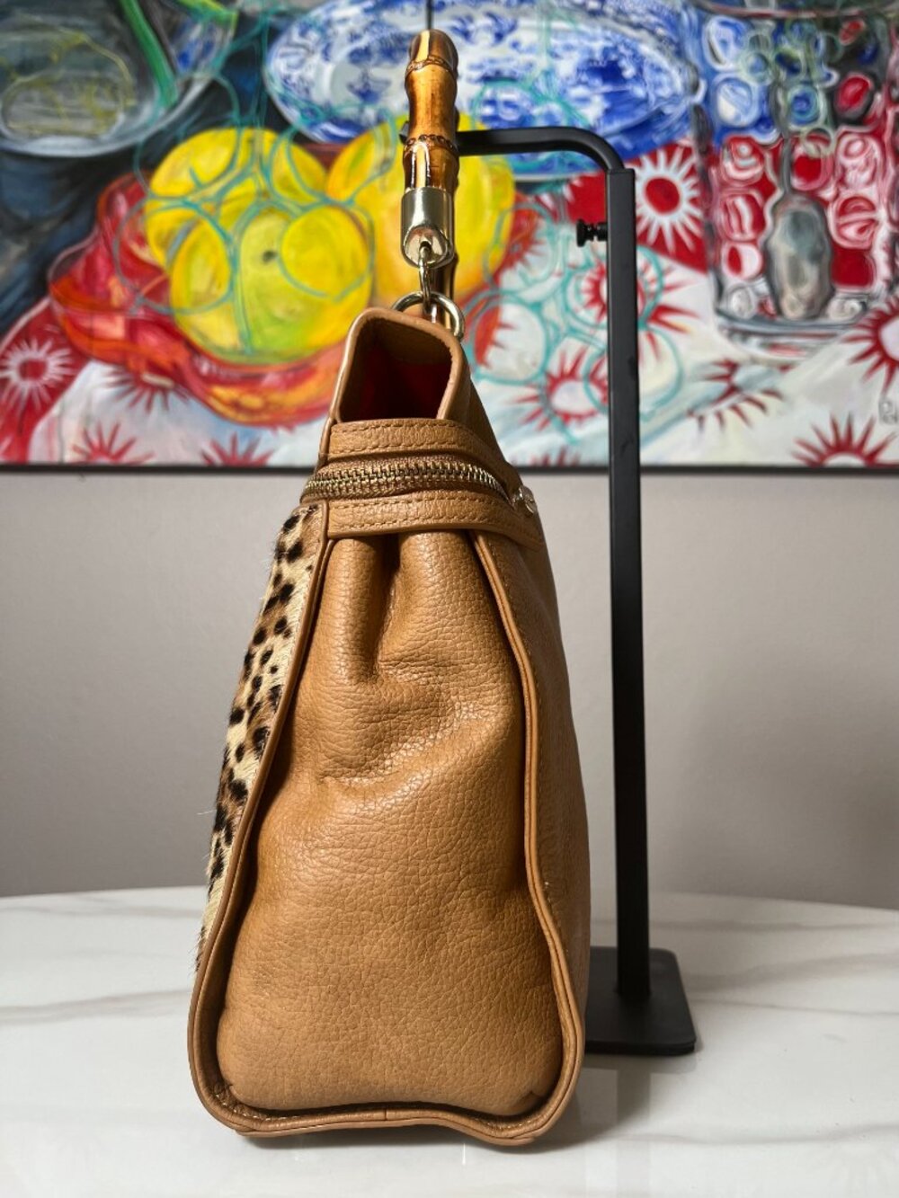 Elaine Turner Celeste Cheetah Haircalf Bamboo Convertible Satchel Backpack - Picture 4 of 16
